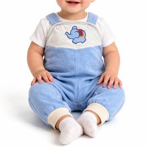 Vintage baby blue embroidered elephant overall onesie size 6-9M